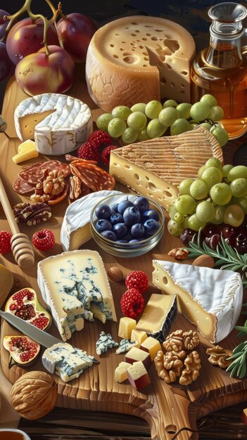 Photo une planche de coupe en bois rustique débordant d'une variété de fromages, de fruits, de noix et d'une goutte de miel.