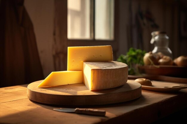 Photo une planche de coupe en bois surmontée de fromage à côté d'un couteau