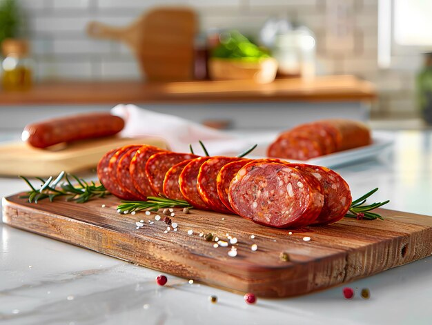 Une planche à couper en bois avec des saucisses dessus