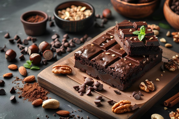 Une planche à couper en bois surmontée de chocolat et de noix à côté de bols de noix et de chips de chocolat