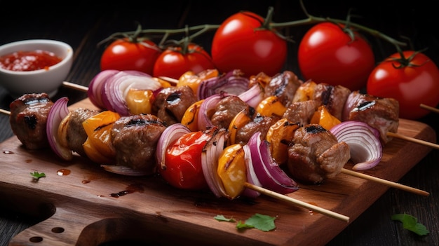 Une planche à couper en bois surmontée de viande et de légumes