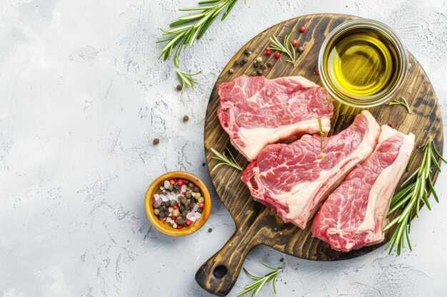 Photo une planche à couper en bois avec une variété d'aliments, y compris des épices et des épices de viande