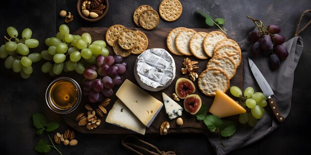 Une planche avec des craquelins au fromage et des noix dessus