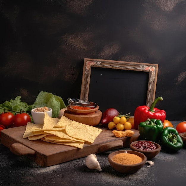 Une planche à découper avec une assiette de nourriture et une planche à découper avec un cadre en bois dessus