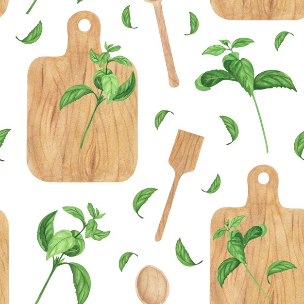 Planche à découper en bois de basilic frais modèle sans couture Aquarelle main dessin illustration Art pour la décoration et le design