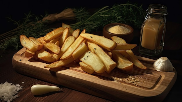 Une planche à découper en bois avec une bouteille de sel et une bouteille de sel.