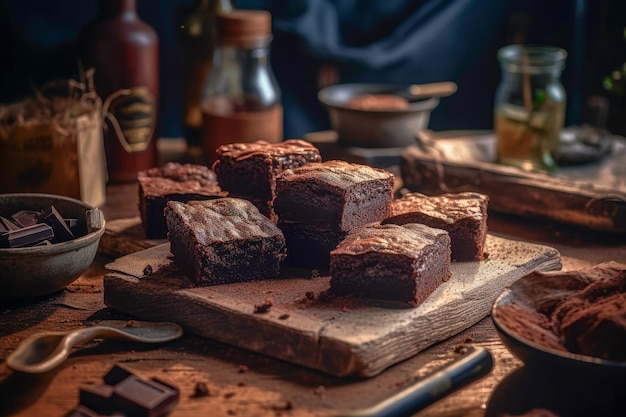 Une planche à découper en bois avec des brownies dessus et une bouteille de ketchup derrière.