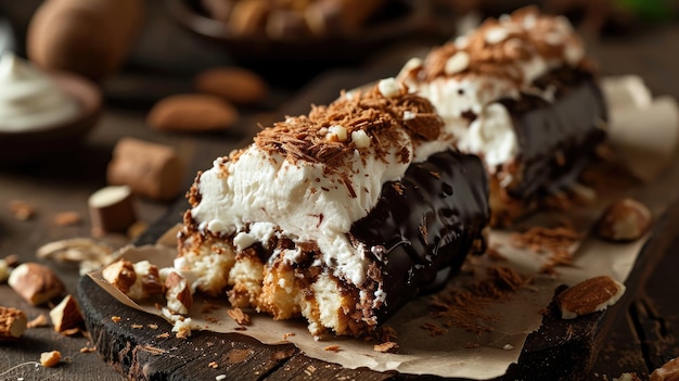 Une planche à découper en bois avec deux desserts, des brownies et un gâteau au fromage.