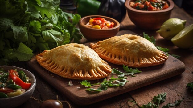 Une planche à découper en bois avec deux empanadas dessus