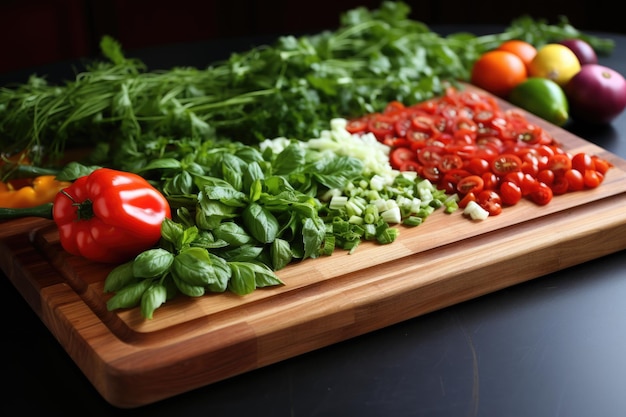 Planche à découper en bois de fond culinaire avec des légumes coupés générés par IA