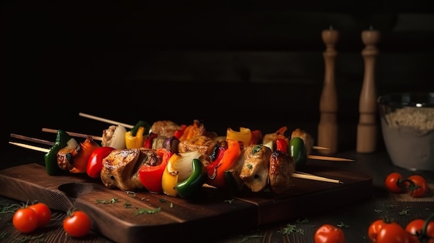 Une planche à découper en bois avec un kebab dessus et une table en bois avec une planche à découper en bois avec une cuillère en bois et une bouteille de poivron rouge dessus.