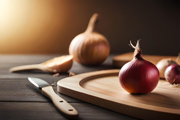 Une planche à découper en bois avec un oignon entier dessus