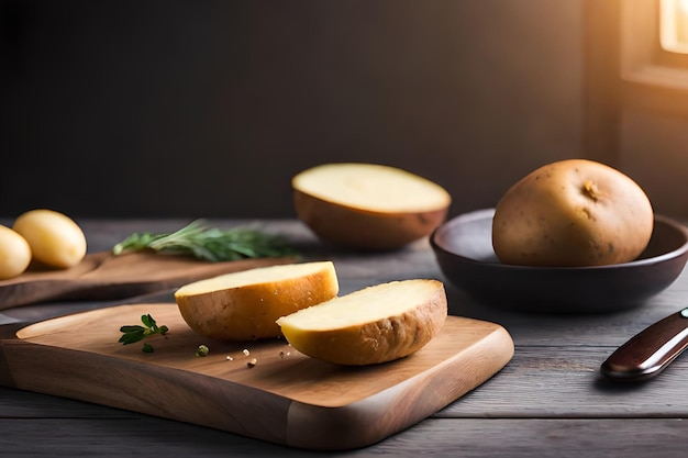 Une planche à découper en bois avec des pommes de terre et un couteau dessus.