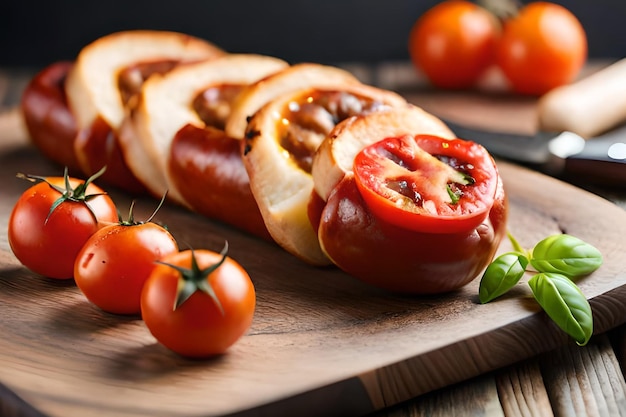 Une planche à découper en bois avec des tomates et des tomates dessus