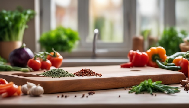 planche à découper en bois vide avec des légumes frais et des épices cuisiner