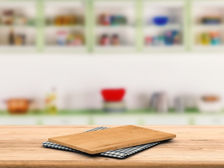 Photo planche à découper sur comptoir en bois avec fond d'armoires de cuisine