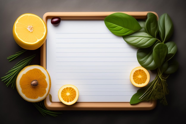 Une planche à découper avec une feuille verte et des citrons dessus