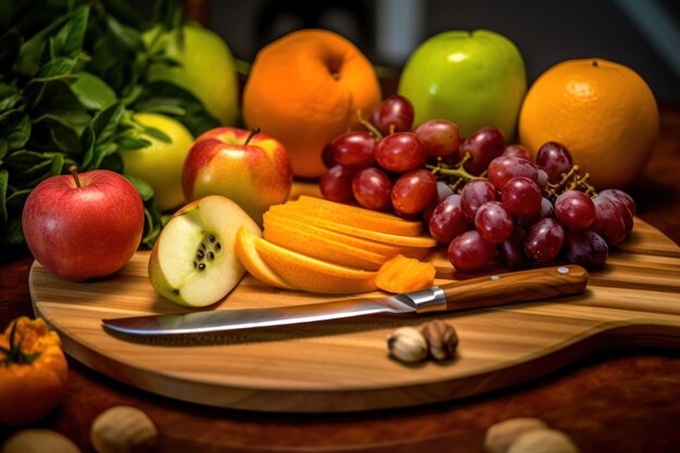 Une planche à découper avec des fruits dessus et un couteau avec le mot fruit dessus.