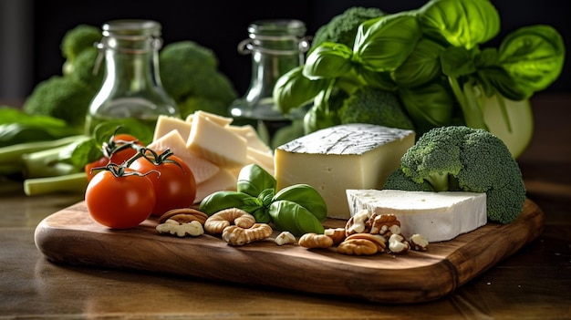 Une planche à découper avec des légumes et du fromage dessus