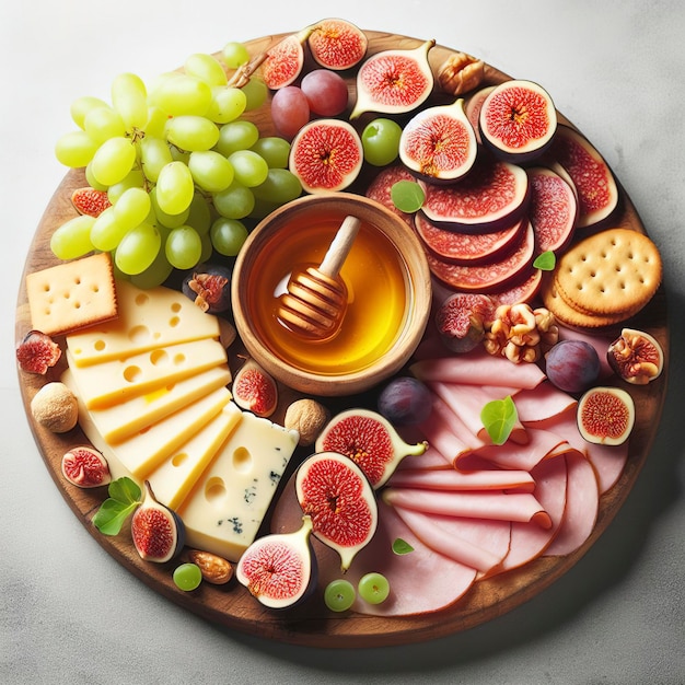 Photo planche à découper ronde avec assortiment de tranches de fromage, saucisses, rosette, craquelins de jambon, raisins et figues au miel