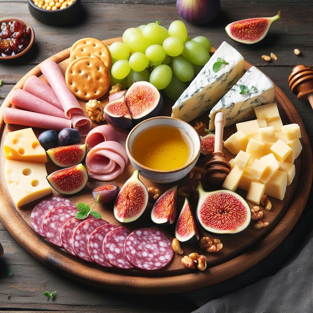 Photo planche à découper ronde avec assortiment de tranches de fromage, saucisses, rosette, craquelins de jambon, raisins et figues au miel