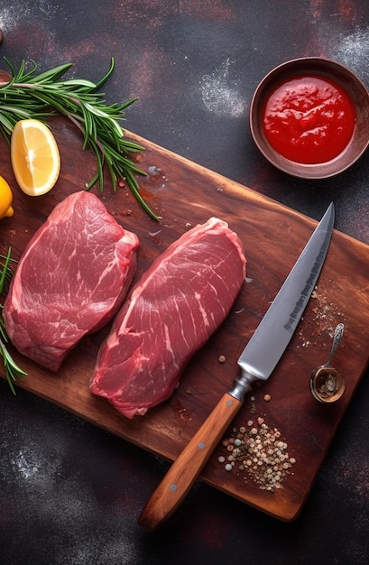 Une planche à découper avec des steaks et des citrons dessus