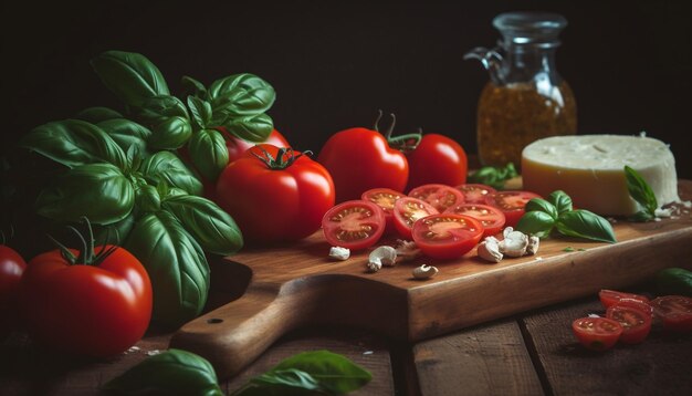 Une planche à découper avec des tomates, du fromage et du basilic dessus