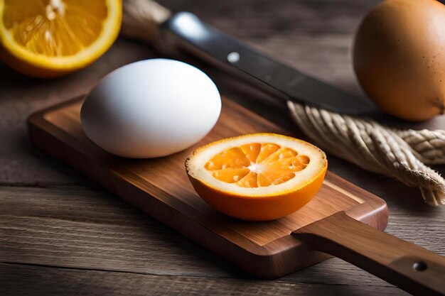 Photo planche à découper avec une tranche d'orange à côté d'un citron