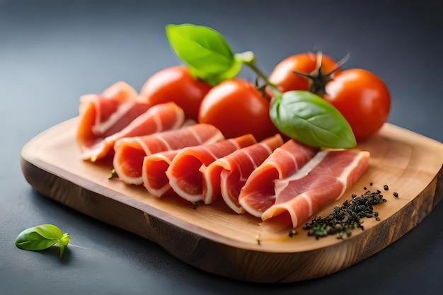 Une planche à découper avec des viandes crues fraîches et des tomates