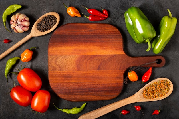 Planche à découper vide sur la table avec des ingrédients pour la cuisson