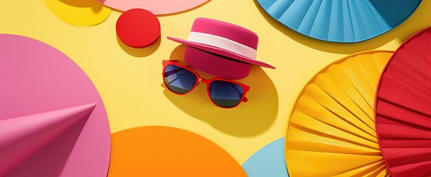 une planche de jeu colorée avec des lunettes de soleil et un chapeau dessus