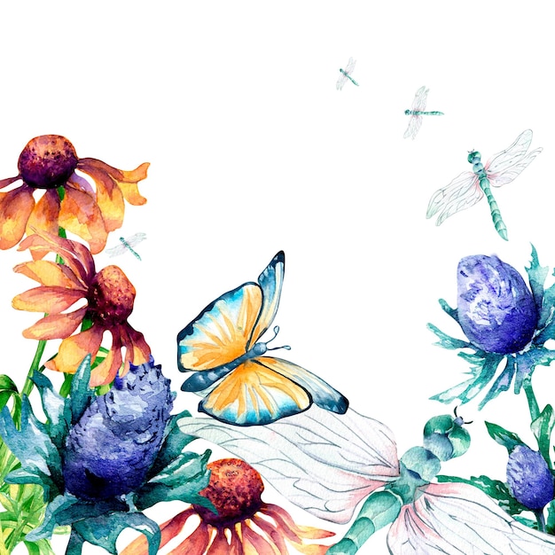 Planche de libellules papillon et illustration aquarelle de fleurs sauvages sur blanc