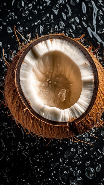 Planche avec noix de coco fraîche vue rapprochée gouttes d'eau IA générative