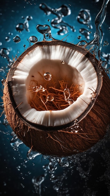 Planche avec noix de coco fraîche vue rapprochée gouttes d'eau IA générative