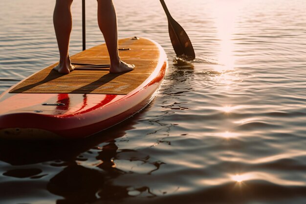 planche à pagaie au coucher du soleil sur le lac