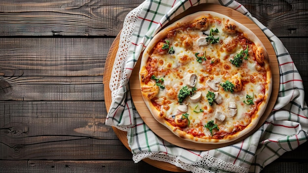 Planche à pizza et serviette sur maquette de table en bois