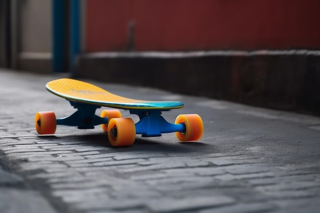 Planche à roulettes bleue avec roues jaunes et oranges sur des carreaux de béton dans une ruelle