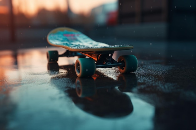 Photo une planche à roulettes sur une route mouillée avec le mot skate dessus