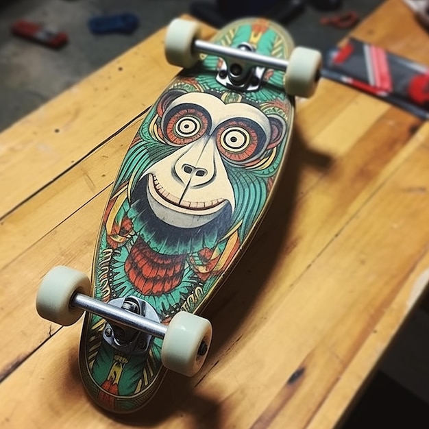 Une planche à roulettes de singe avec un visage de singe dessus