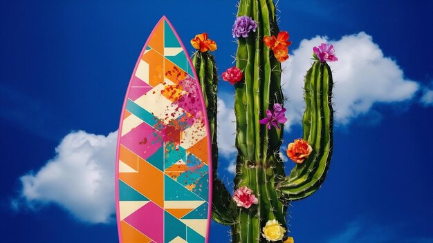 Photo une planche de surf et un cactus sur fond bleu