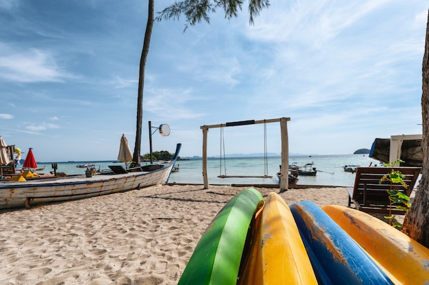 Planche De Surf Colorée Avec Balançoire En Bois Sur La Plage En Mer Tropicale