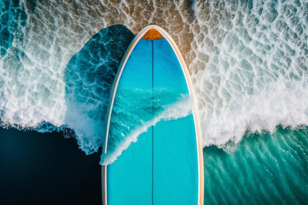 Planche de surf sur l'espace de copie de la vue de dessus de la mer claire de l'océan AI générative