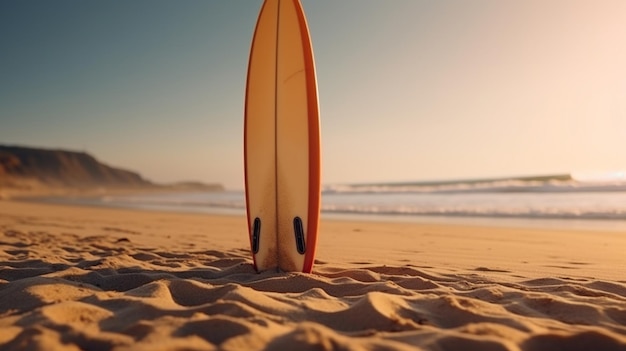 Photo une planche de surf incrustée dans le sable