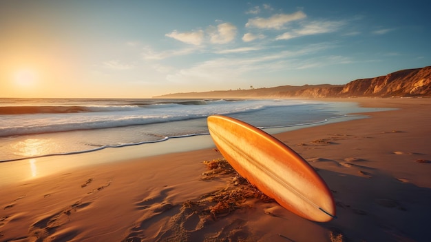 Une planche de surf sur une plage coulée