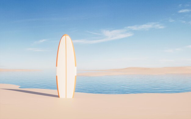 Planche de surf à la plage rendu 3d