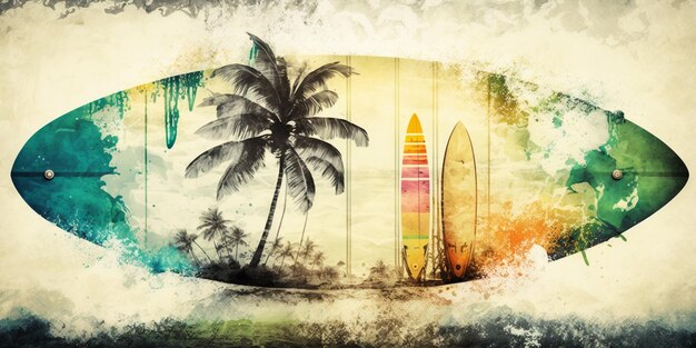 Photo planche de surf sur une plage tropicale fond abstrait