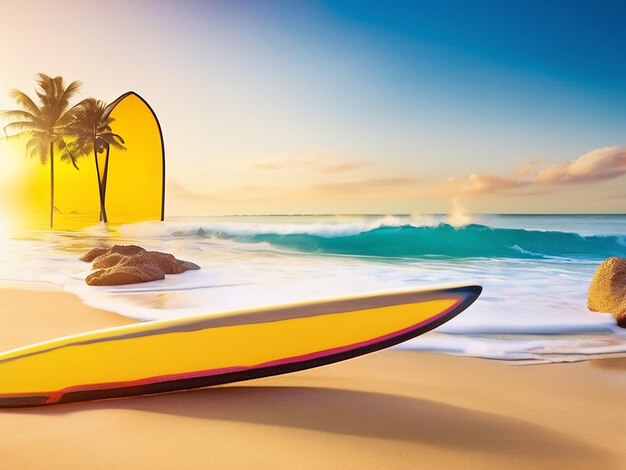 Une planche de surf sur une plage tropicale de sable fin, un sport extrême, le surf dans une station balnéaire au coucher du soleil.