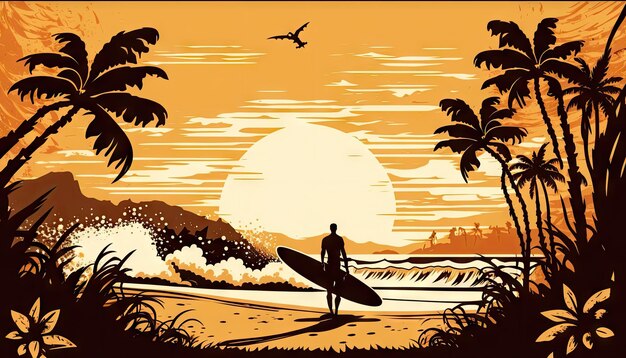 Planche de surf sur une plage tropicale sablonneuse paysage ensoleillé et surfeur ai généré illustration le lever ou le coucher du soleil sable sur la baie le soleil brille et de grandes vagues palmiers et l'homme au paradis