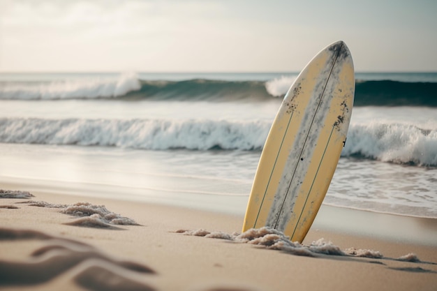 Planche de surf qui dépasse dans le sable sur la plage Generative AI