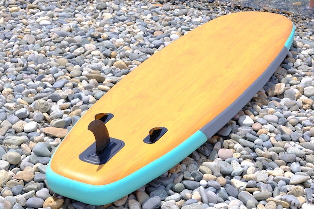 Une planche de surf sans inscriptions se trouve sur une plage rocheuse.